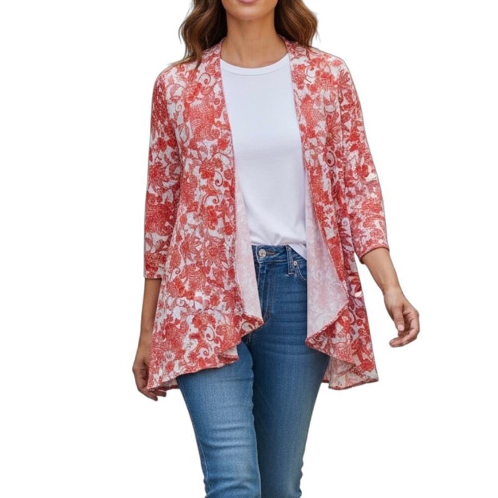 Bobeau Women's Kimono Top M Red Paisley Floral Print Open Front 3/4 Sleeve NWT